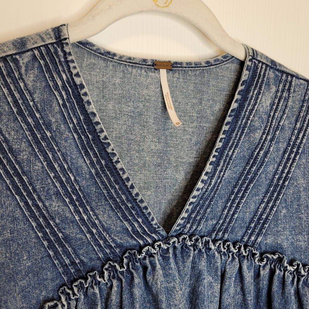 Free People Denim Blue Smocked V-Neck Peasant Blouse - Picture 5 of 8